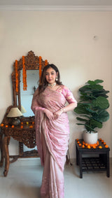 Vishal Prints Oriental Pink Designer Fancy Satin-Chiffon Saree With Embroidery-Diamond Work And Cut Work Border