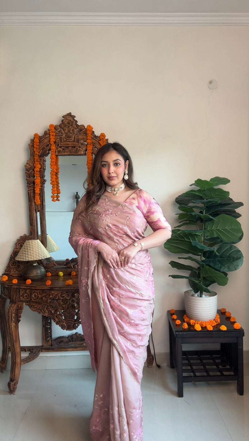 Vishal Prints Oriental Pink Designer Fancy Satin-Chiffon Saree With Embroidery-Diamond Work And Cut Work Border