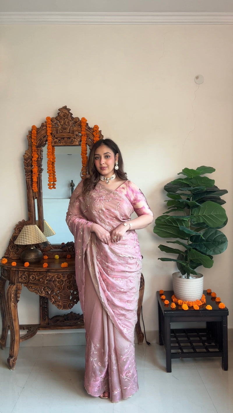 Vishal Prints Oriental Pink Designer Fancy Satin-Chiffon Saree With Embroidery-Diamond Work And Cut Work Border