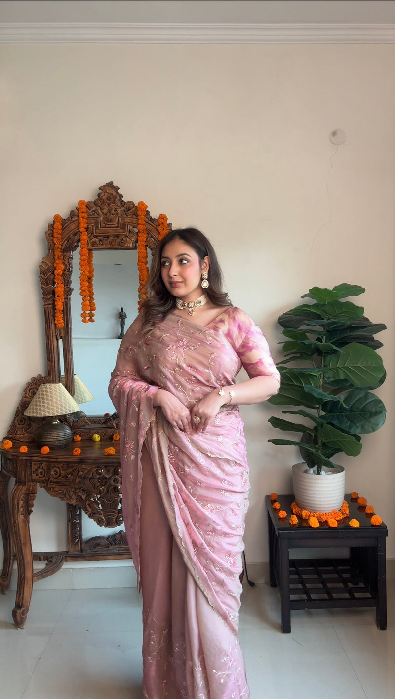 Vishal Prints Oriental Pink Designer Fancy Satin-Chiffon Saree With Embroidery-Diamond Work And Cut Work Border