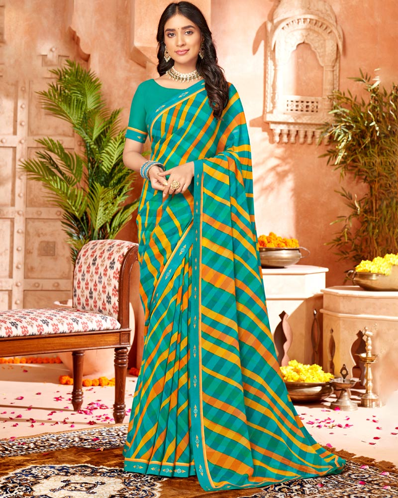 Vishal Prints Dark Turquoise Blue Printed Georgette Saree With Border