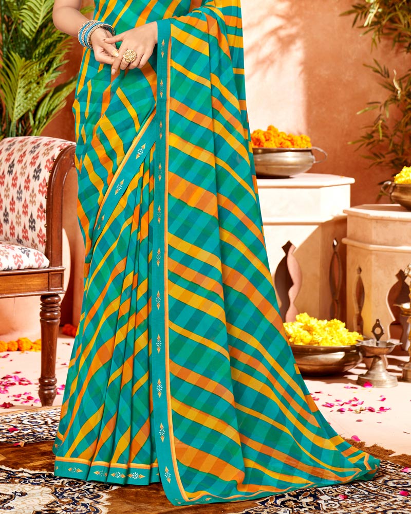 Vishal Prints Dark Turquoise Blue Printed Georgette Saree With Border