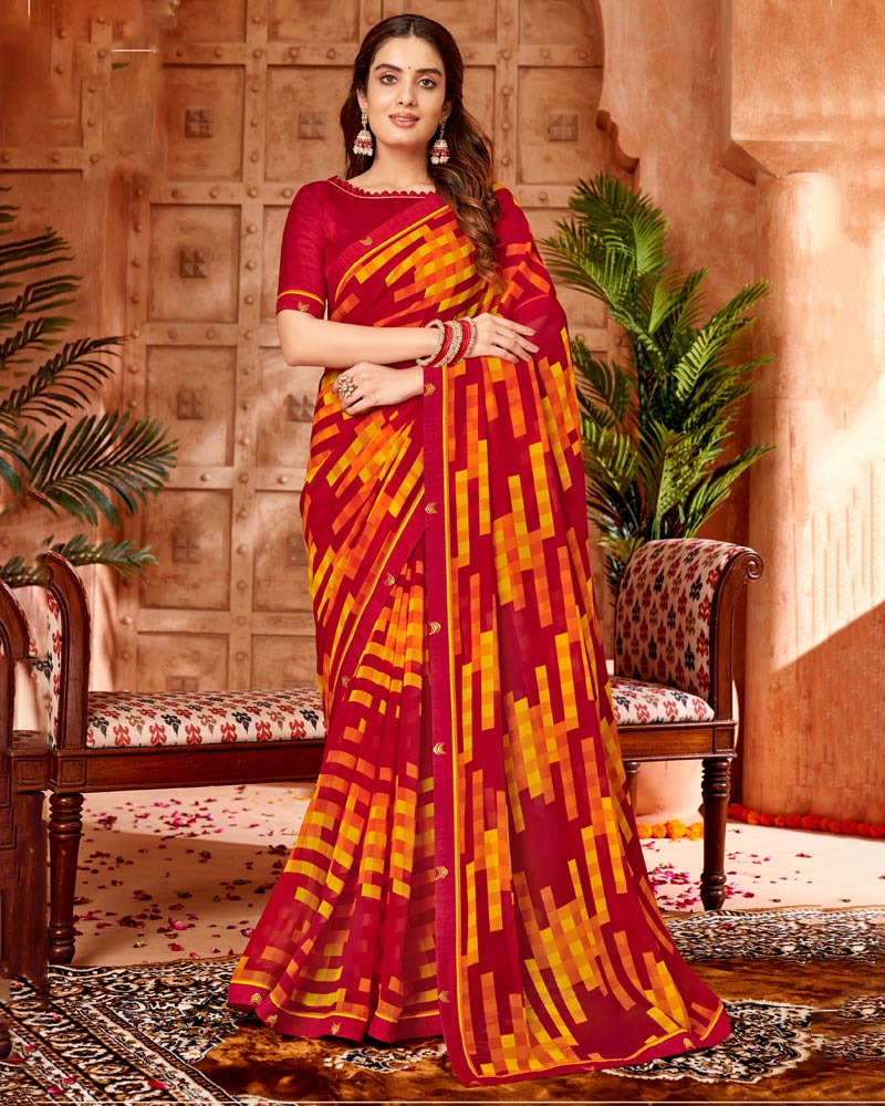 Vishal Prints Dark Red Printed Georgette Saree With Border