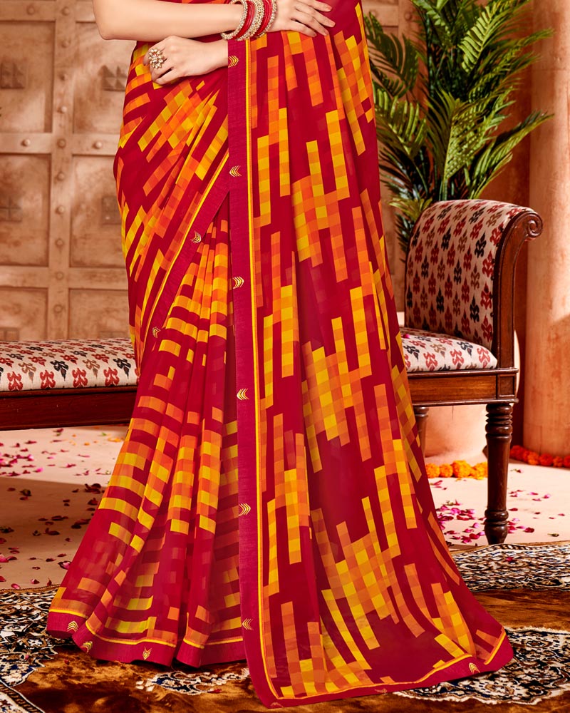 Vishal Prints Dark Red Printed Georgette Saree With Border
