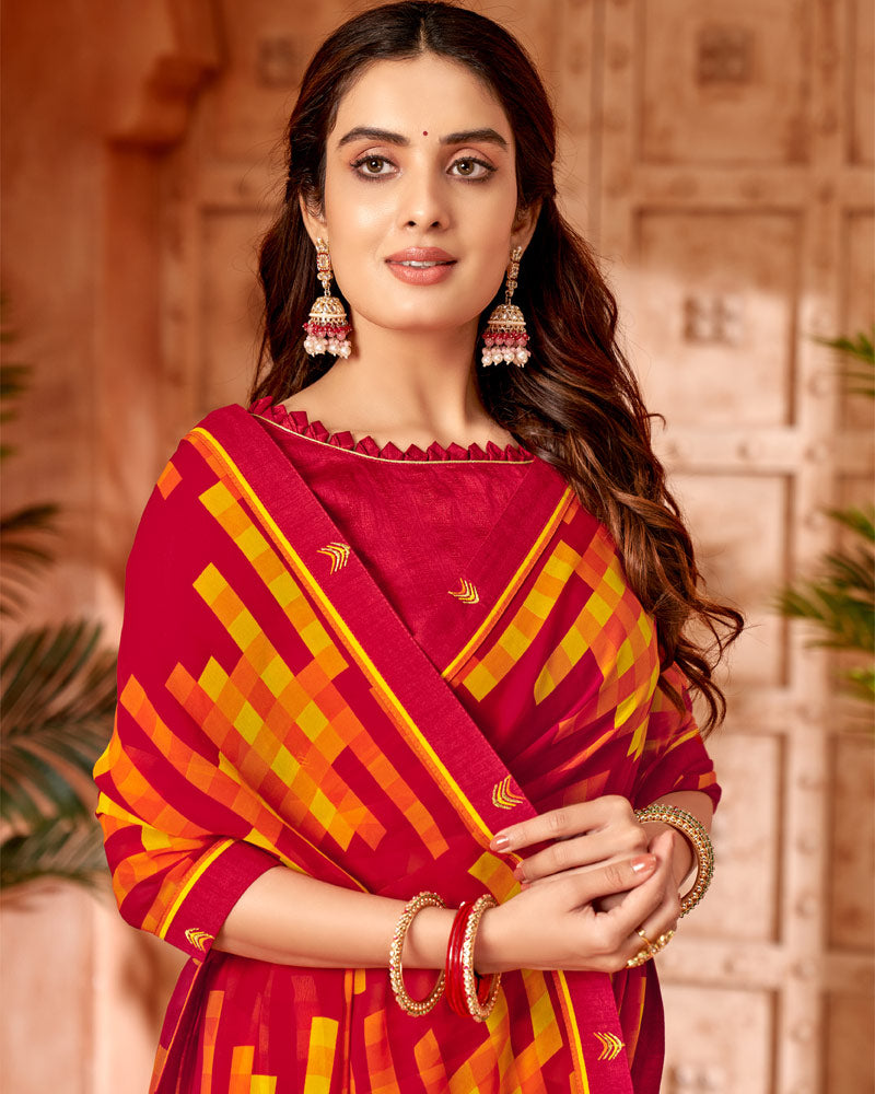 Vishal Prints Dark Red Printed Georgette Saree With Border