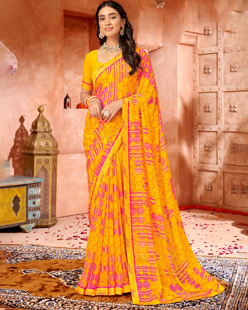 Vishal Prints Dark Yellow Printed Georgette Saree With Border