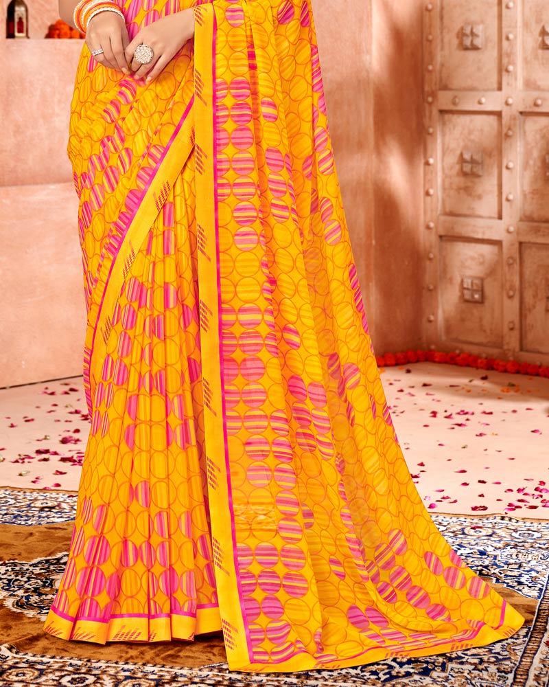 Vishal Prints Dark Yellow Printed Georgette Saree With Border