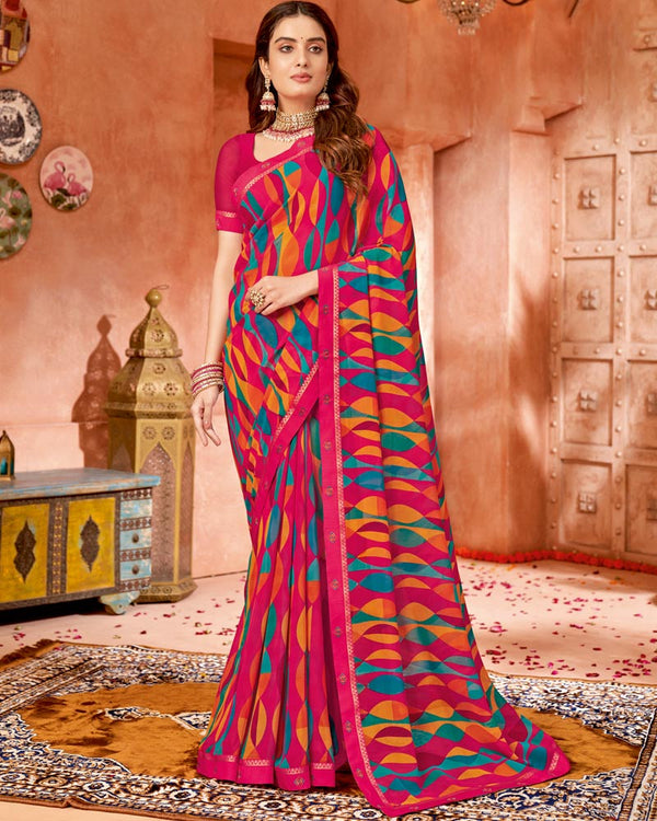 Vishal Prints Red Pink Printed Georgette Saree With Border