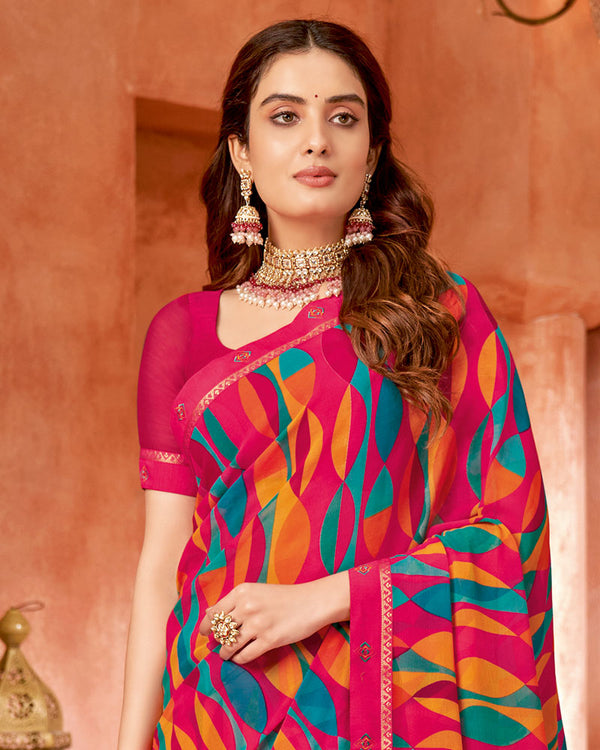 Vishal Prints Red Pink Printed Georgette Saree With Border