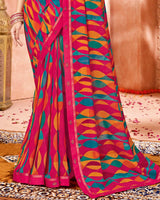 Vishal Prints Red Pink Printed Georgette Saree With Border