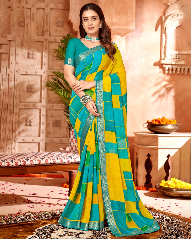 Vishal Prints Dark Turquoise Blue Printed Georgette Saree With Border
