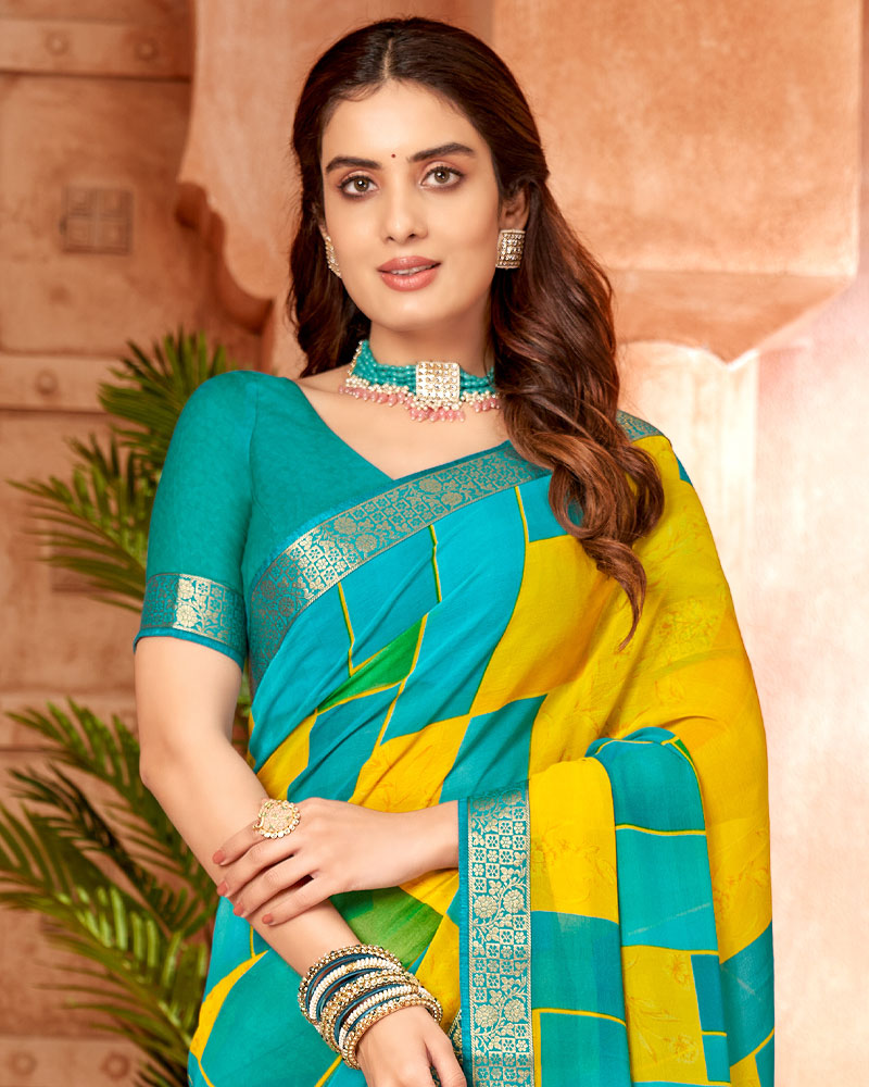 Vishal Prints Dark Turquoise Blue Printed Georgette Saree With Border