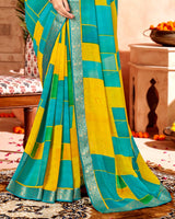 Vishal Prints Dark Turquoise Blue Printed Georgette Saree With Border