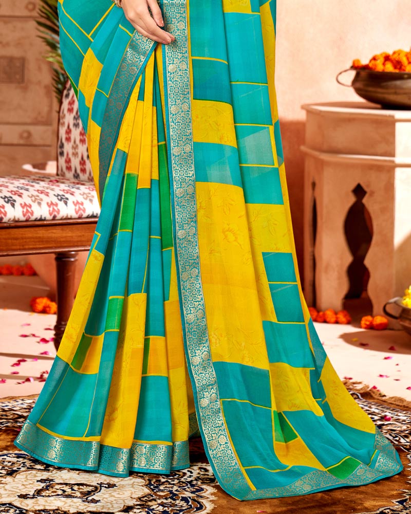 Vishal Prints Dark Turquoise Blue Printed Georgette Saree With Border
