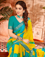 Vishal Prints Dark Turquoise Blue Printed Georgette Saree With Border
