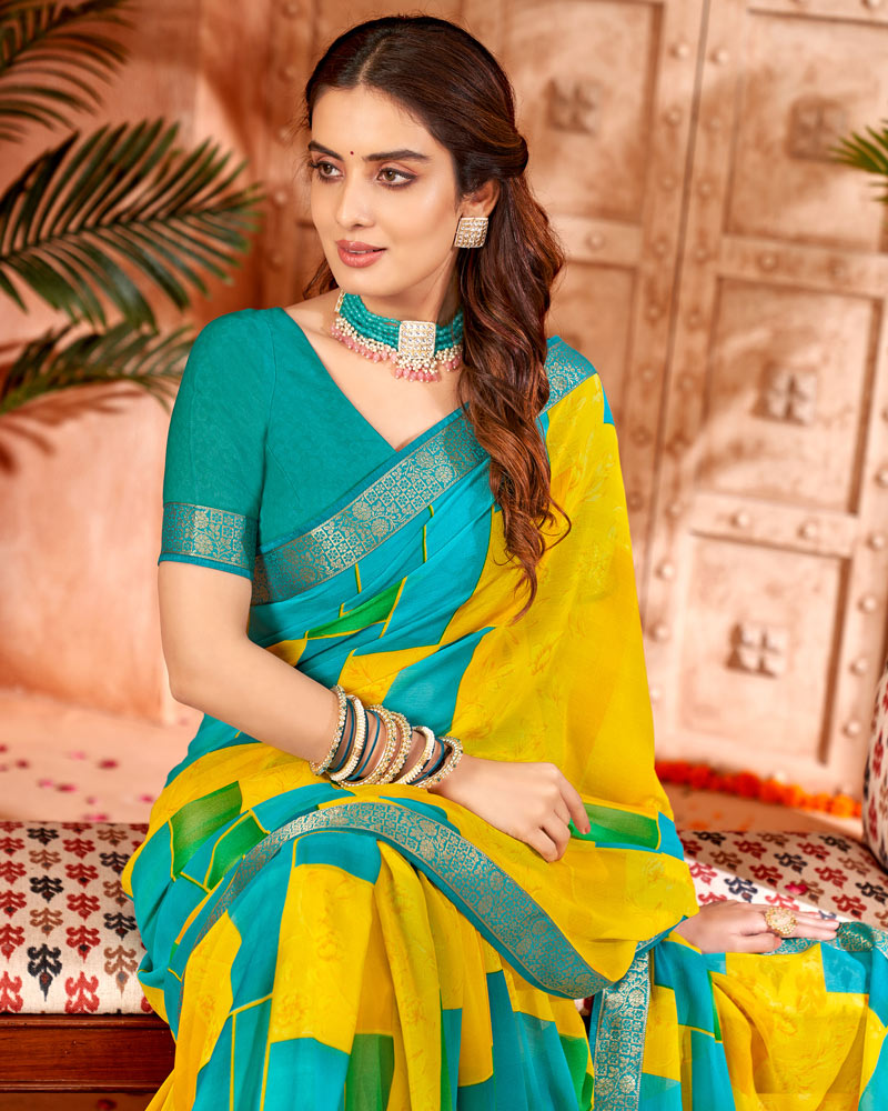 Vishal Prints Dark Turquoise Blue Printed Georgette Saree With Border