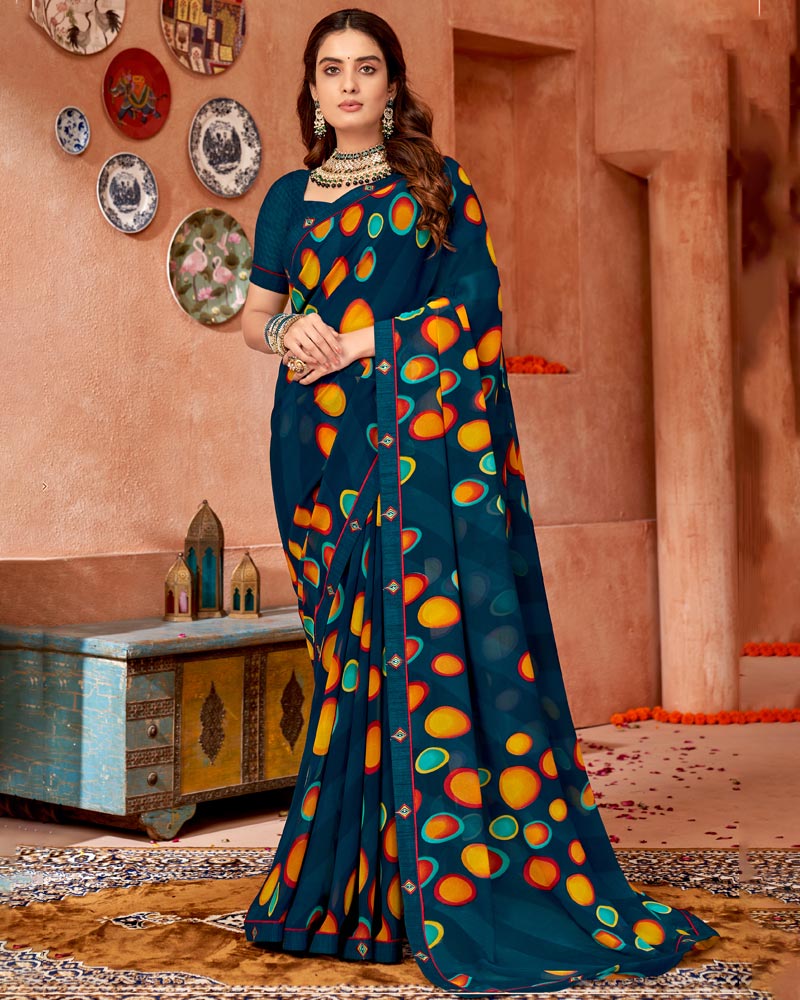Vishal Prints Navy Blue Printed Georgette Saree With Border