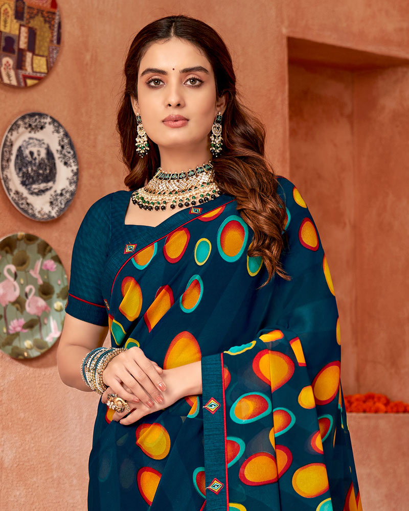 Vishal Prints Navy Blue Printed Georgette Saree With Border