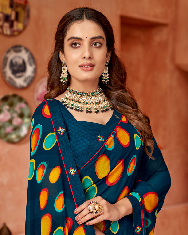 Vishal Prints Navy Blue Printed Georgette Saree With Border