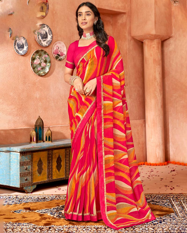 Vishal Prints Red Pink Printed Georgette Saree With Border