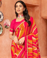 Vishal Prints Red Pink Printed Georgette Saree With Border