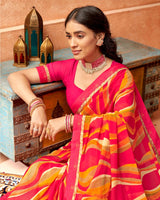 Vishal Prints Red Pink Printed Georgette Saree With Border
