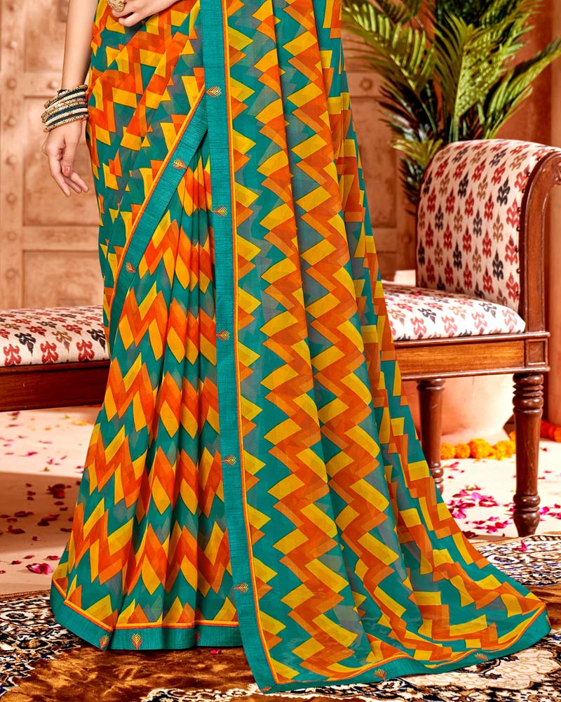 Vishal Prints Teal Blue Printed Georgette Saree With Border