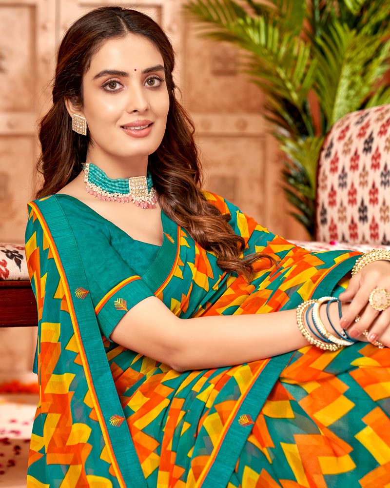 Vishal Prints Teal Blue Printed Georgette Saree With Border