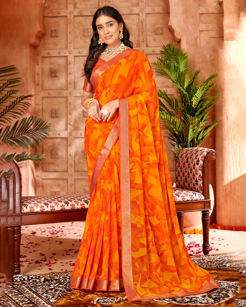 Vishal Prints Orange Printed Georgette Saree Zari With Border