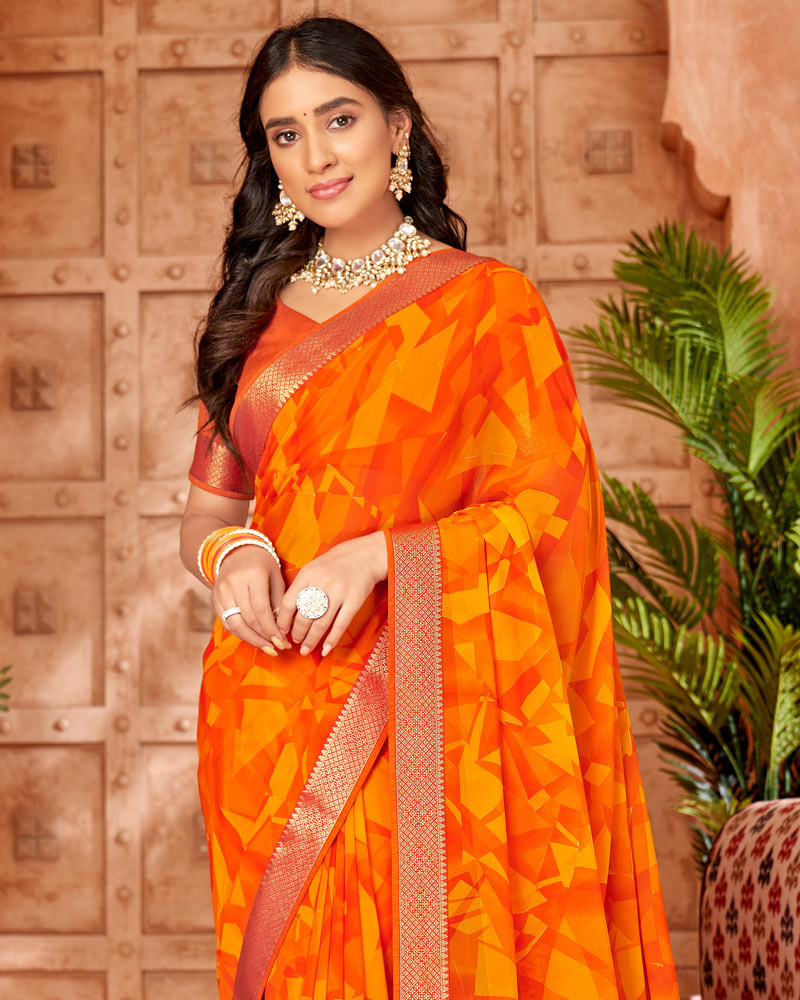 Vishal Prints Orange Printed Georgette Saree Zari With Border