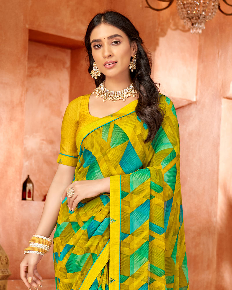 Vishal Prints Dark Yellow Printed Georgette Saree With Border
