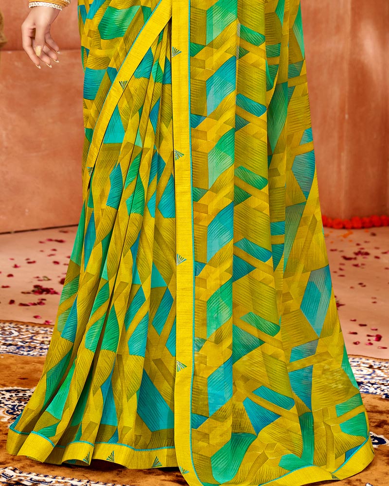 Vishal Prints Dark Yellow Printed Georgette Saree With Border