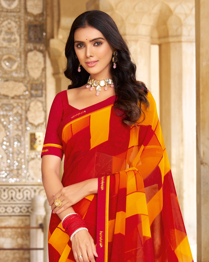 Vishal Prints Dark Red Printed Georgette Saree With Fancy Border