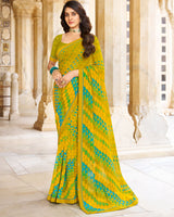 Vishal Prints Olive Yellow Printed Georgette Saree With Fancy Border