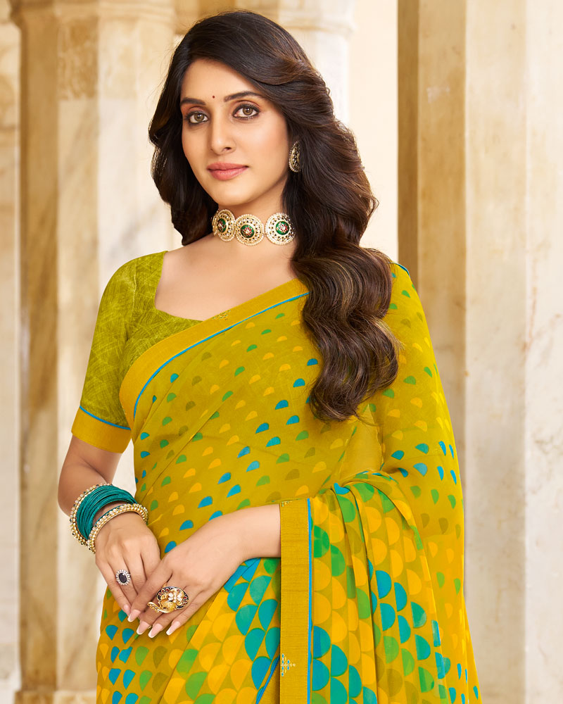 Vishal Prints Olive Yellow Printed Georgette Saree With Fancy Border