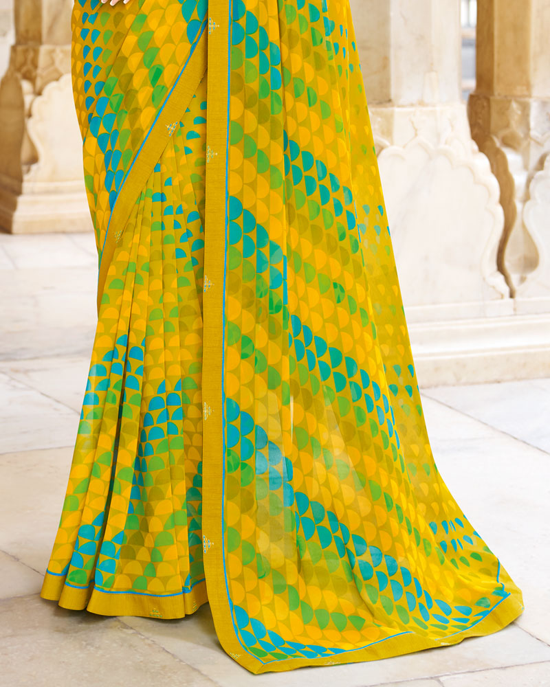 Vishal Prints Olive Yellow Printed Georgette Saree With Fancy Border