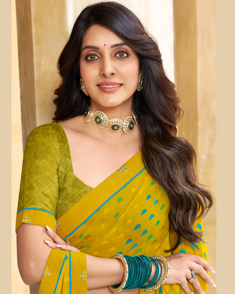 Vishal Prints Olive Yellow Printed Georgette Saree With Fancy Border