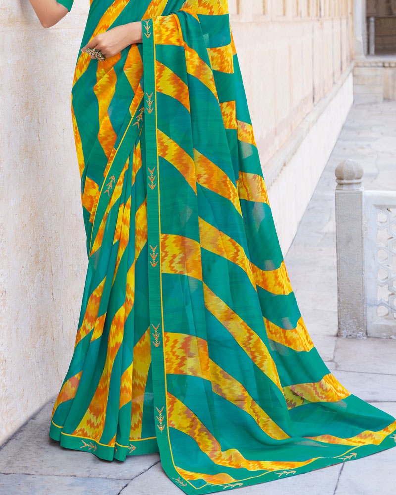 Vishal Prints Teal Green Printed Georgette Saree With Fancy Border