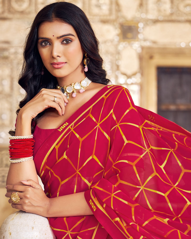 Vishal Prints Monza Pink Printed Georgette Saree With Fancy Border