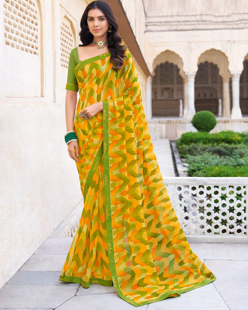 Vishal Prints Dark Olive Green Printed Georgette Saree With Fancy Border