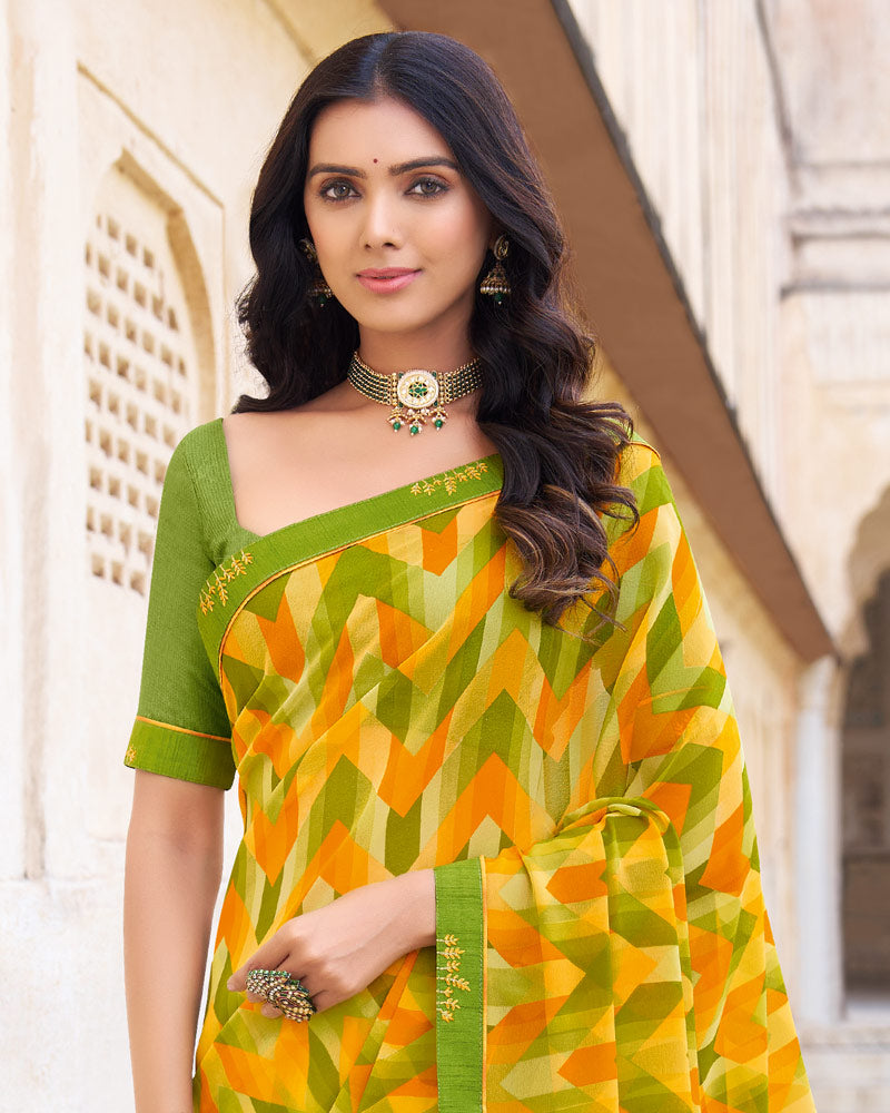 Vishal Prints Dark Olive Green Printed Georgette Saree With Fancy Border