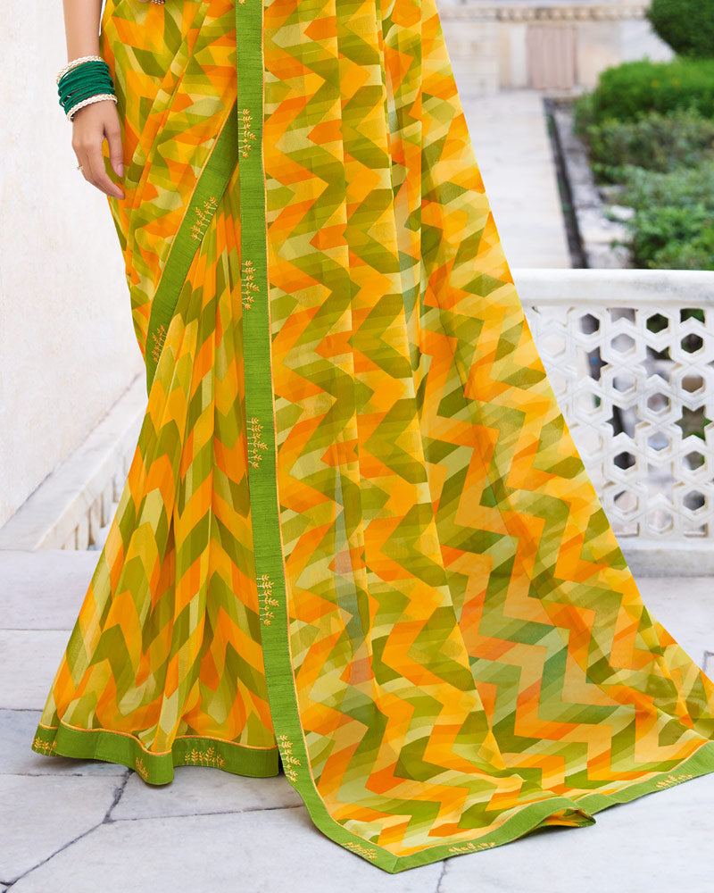 Vishal Prints Dark Olive Green Printed Georgette Saree With Fancy Border