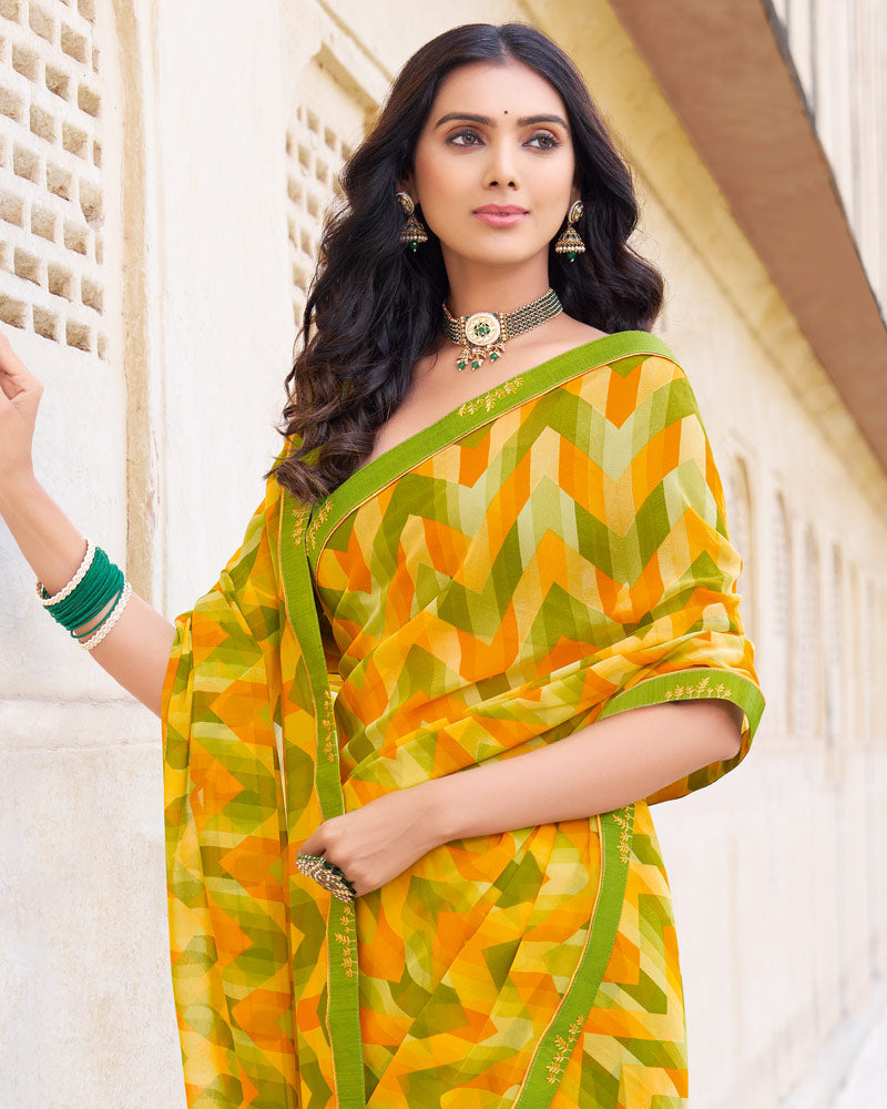 Vishal Prints Dark Olive Green Printed Georgette Saree With Fancy Border