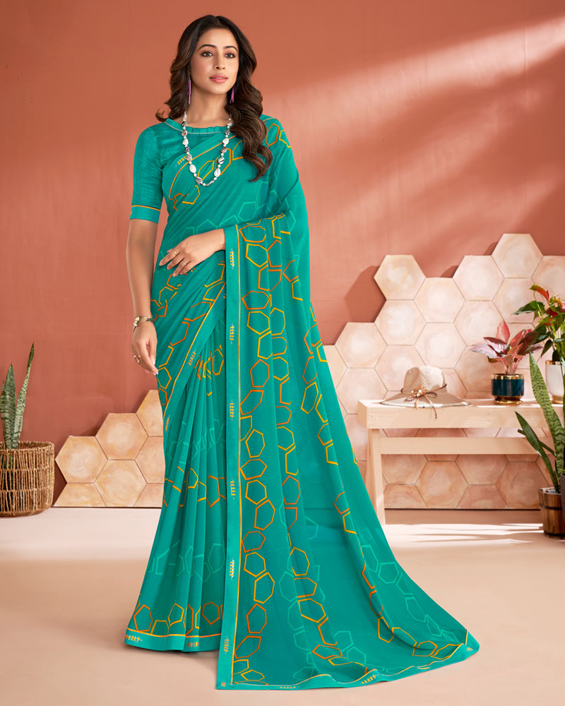 Vishal Prints Teal Green Printed Georgette Saree With Fancy Border
