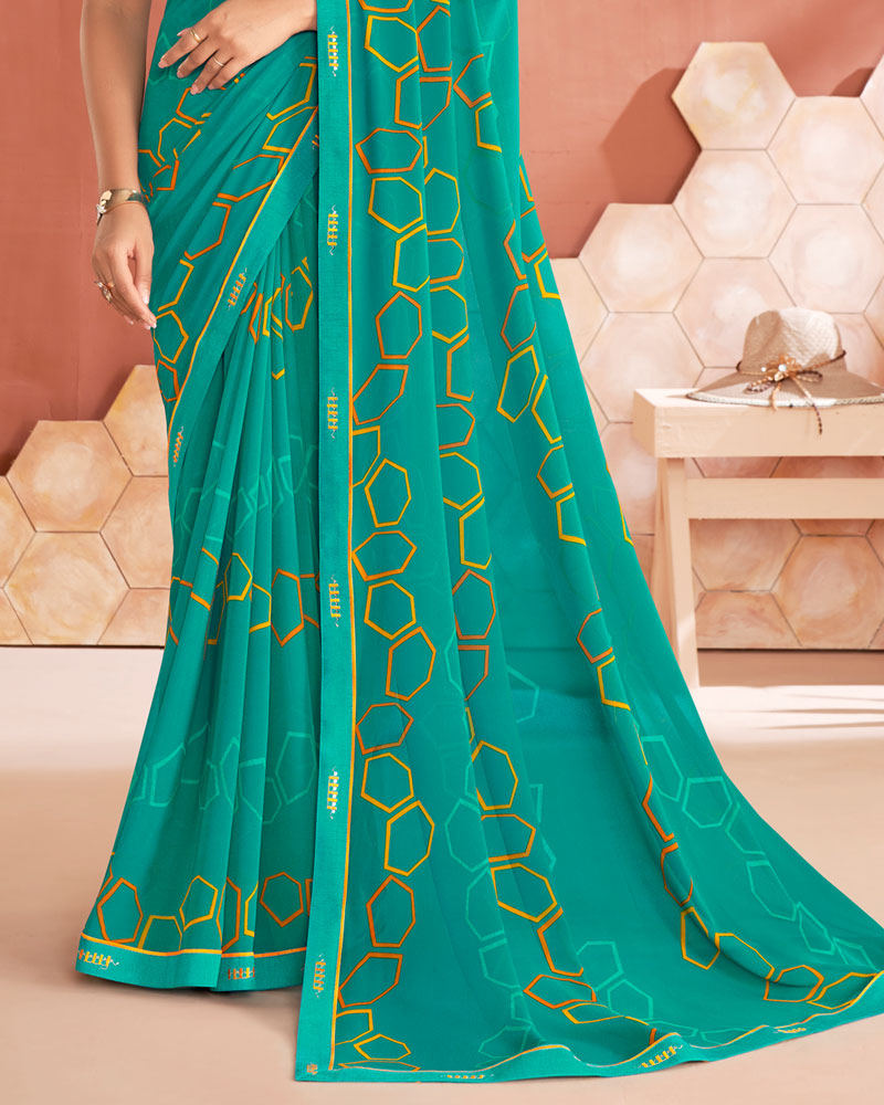 Vishal Prints Teal Green Printed Georgette Saree With Fancy Border