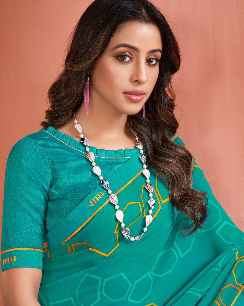 Vishal Prints Teal Green Printed Georgette Saree With Fancy Border