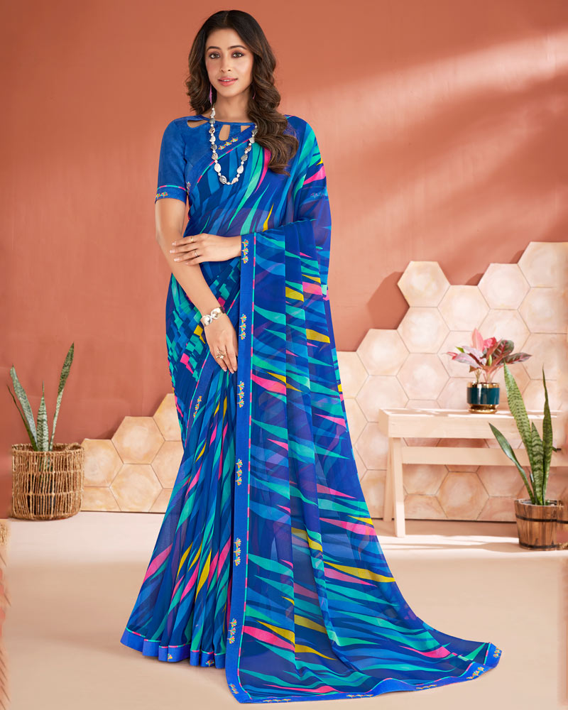 Vishal Prints Royal Blue Printed Georgette Saree With Fancy Border