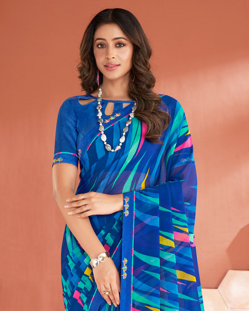 Vishal Prints Royal Blue Printed Georgette Saree With Fancy Border
