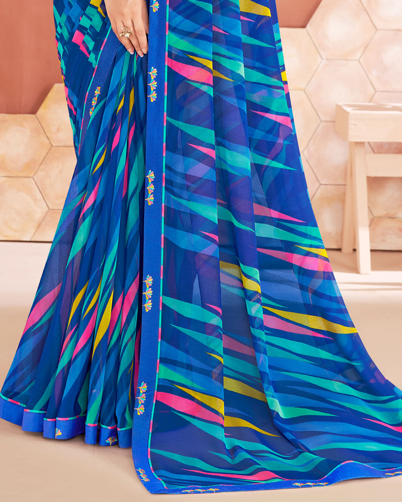 Vishal Prints Royal Blue Printed Georgette Saree With Fancy Border