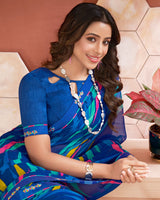 Vishal Prints Royal Blue Printed Georgette Saree With Fancy Border